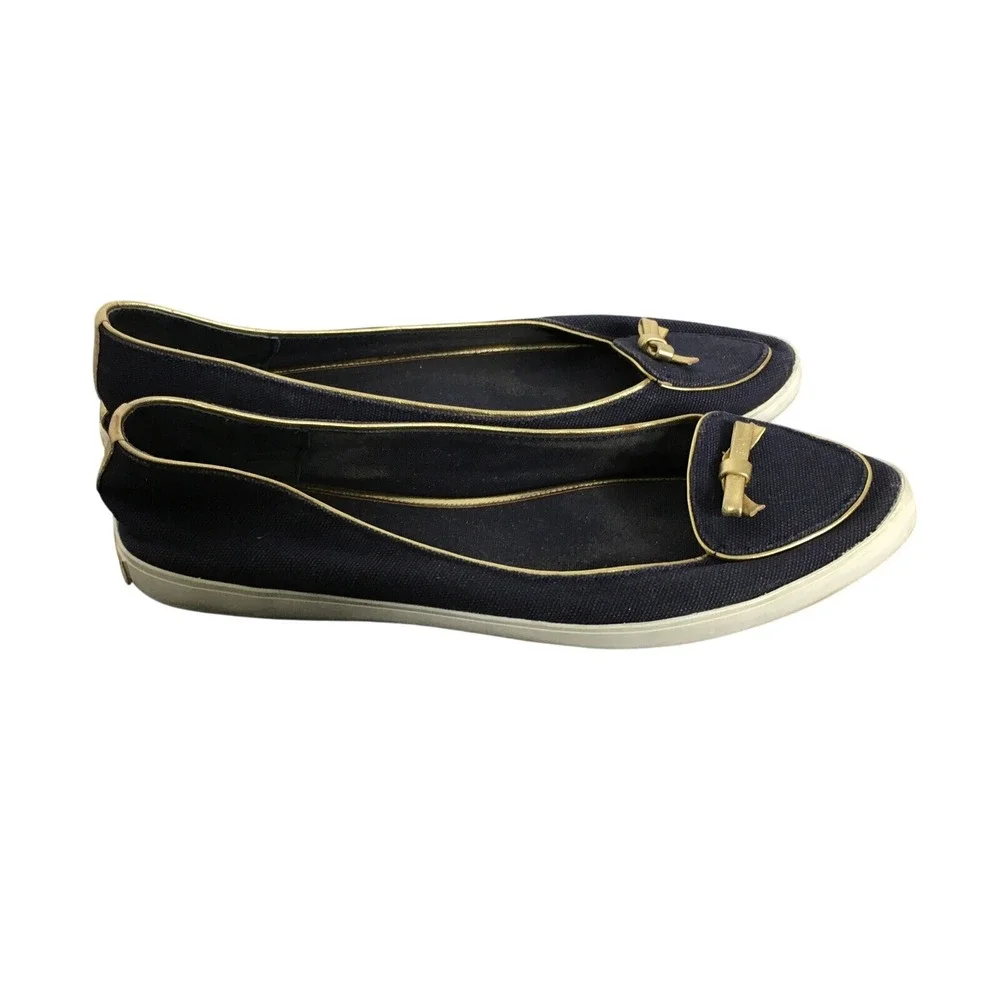 Tory Burch Marni Satin D'Orsay Flats Vintage Slip On‎ Navy Blue With Bow READ